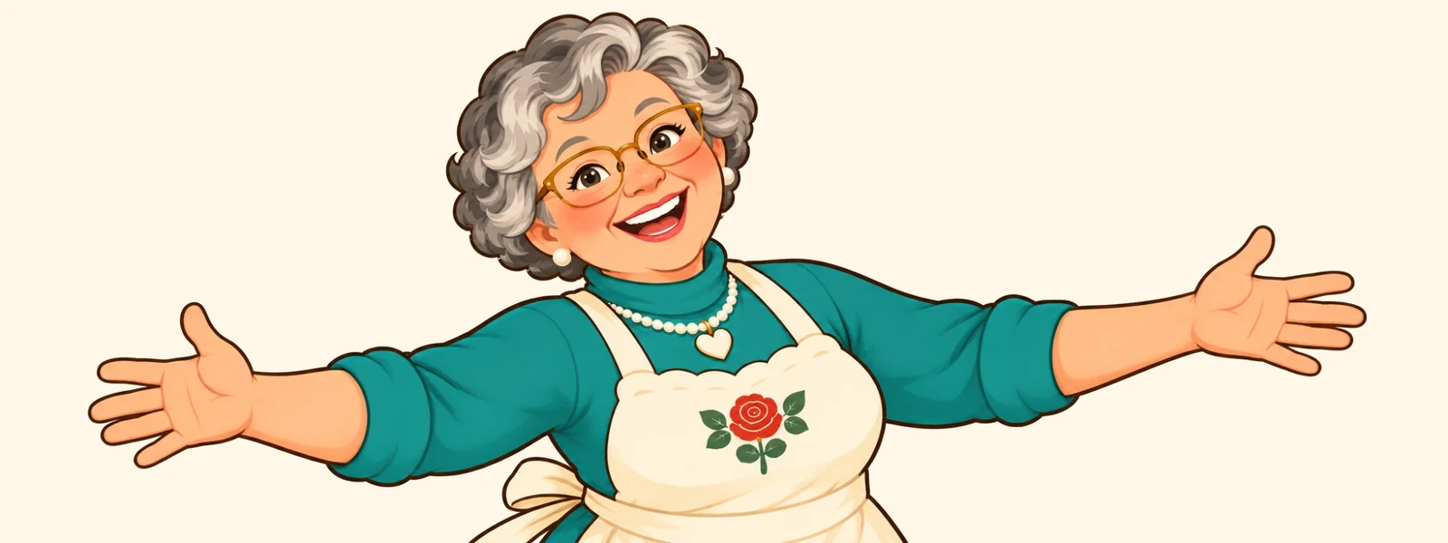 Beatrice, the Festival Keeper, laughing with her arms open wide in welcome.