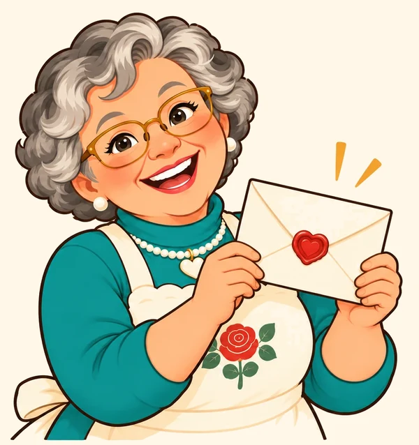 Beatrice holding up a sealed invitation with a red heart seal, smiling.