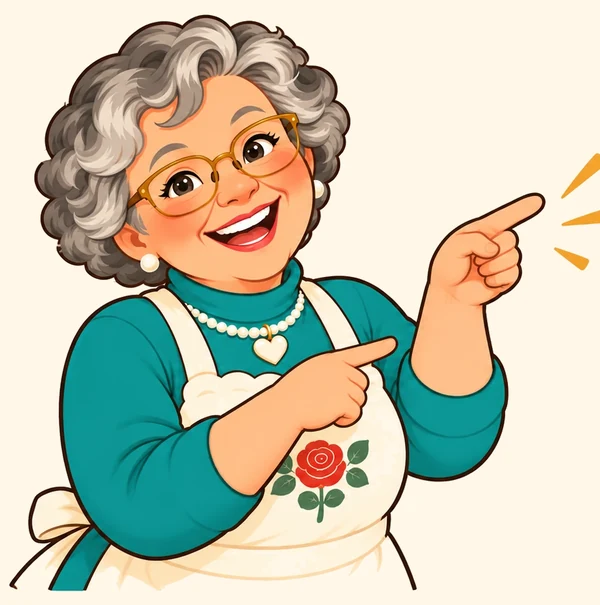 Beatrice pointing the way, smiling.